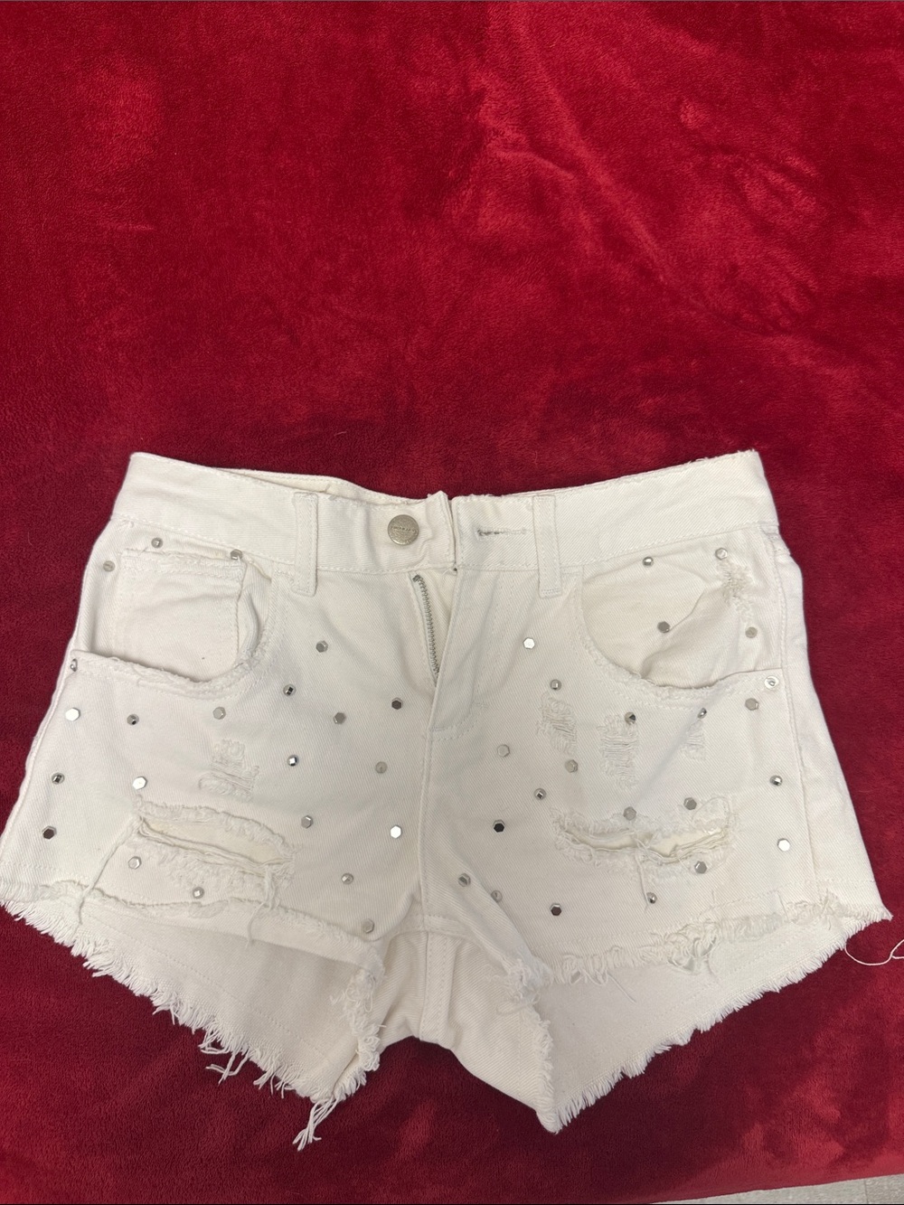 Renuar White Distressed Rhinestone Denim Shorts